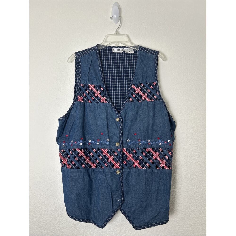 VTG V J WOMAN Womens Top Vest 1X Plus Size Denim Weave Gingham Cotton